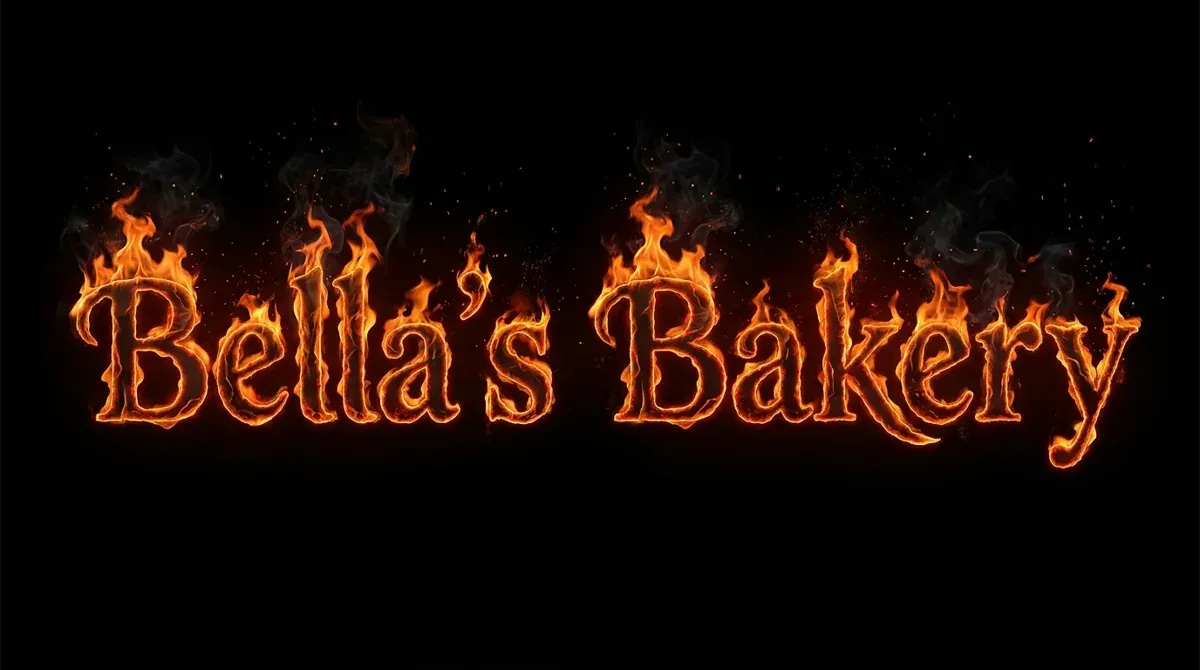 Bella's Bakery rendered with the fire text generator