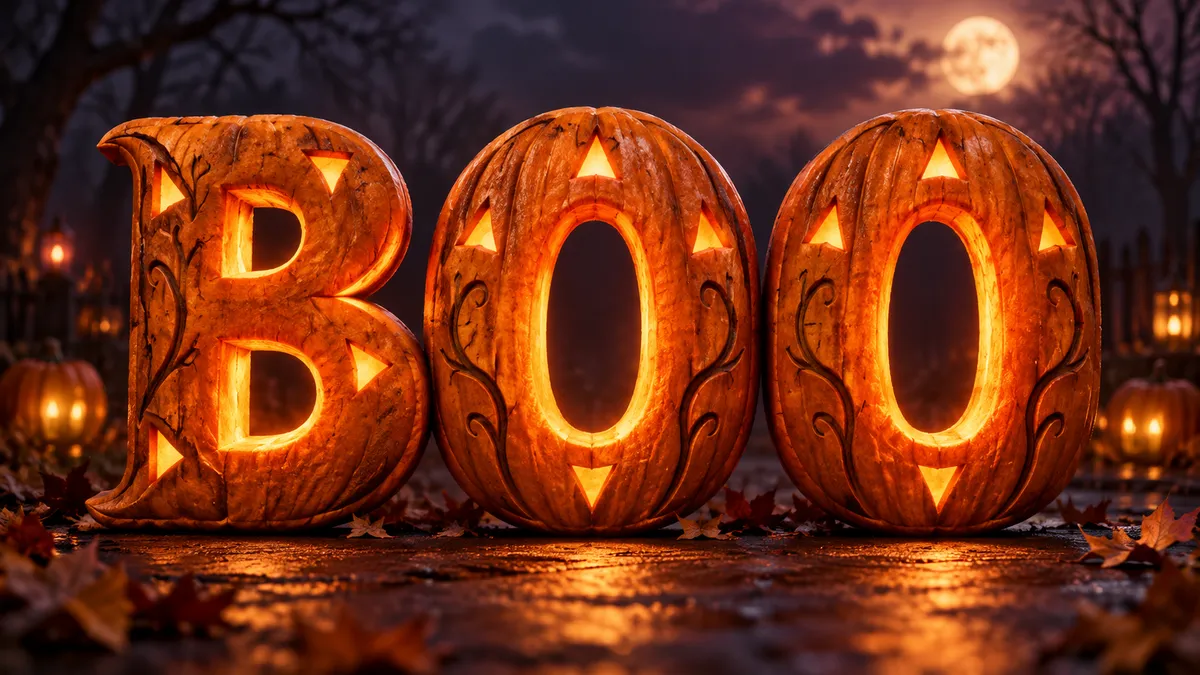 Pumpkin Glow: Halloween Font Generator sample showing BOO
